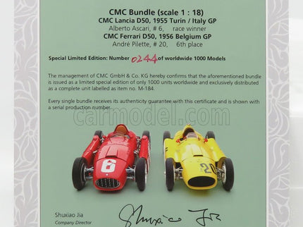 Ferrari F1 Set 2X Lancia D50 N°20 6. Miesto Belgium GP 1956 A.Pilette + D50 N°6 Víťaz GP Torino 1955 A.Ascari 1:18 CMC červená žltá
