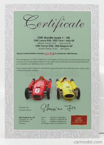 Ferrari F1 Set 2X Lancia D50 N°20 6. Miesto Belgium GP 1956 A.Pilette + D50 N°6 Víťaz GP Torino 1955 A.Ascari 1:18 CMC červená žltá