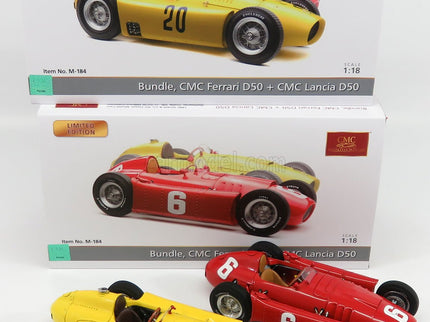 Ferrari F1 Set 2X Lancia D50 N°20 6. Miesto Belgium GP 1956 A.Pilette + D50 N°6 Víťaz GP Torino 1955 A.Ascari 1:18 CMC červená žltá