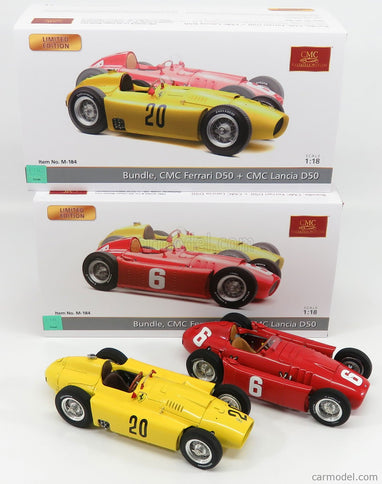 Ferrari F1 Set 2X Lancia D50 N°20 6. Miesto Belgium GP 1956 A.Pilette + D50 N°6 Víťaz GP Torino 1955 A.Ascari 1:18 CMC červená žltá