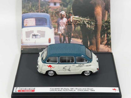 Fiat 600D Multipla 1961 - Overland Australia - England 1969 Bruce Thomas - Stuart Harper 1:43 Brumm biela zelená