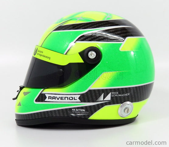Schuberth Helmet F3 Helma Dallara Team Theodore Racing - Prema Powerteam N°4 European Champion 2018 Mick Schumacher 1:2 Mini Helmet zelená žltá