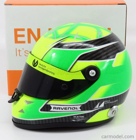 Schuberth Helmet F3 Helma Dallara Team Theodore Racing - Prema Powerteam N°4 European Champion 2018 Mick Schumacher 1:2 Mini Helmet zelená žltá