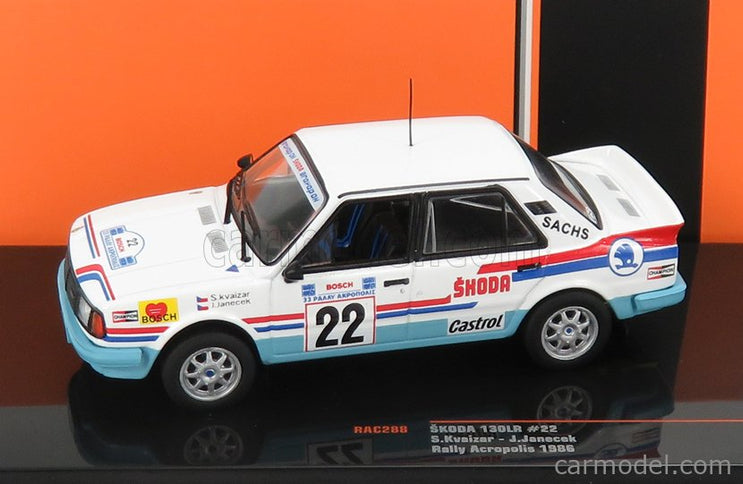 Skoda 130LR N°22 Rally Acropolis 1986 Svatopluk Kvaizar - Jiri Janecek 1:43 IXO Models biela svetlomodrá