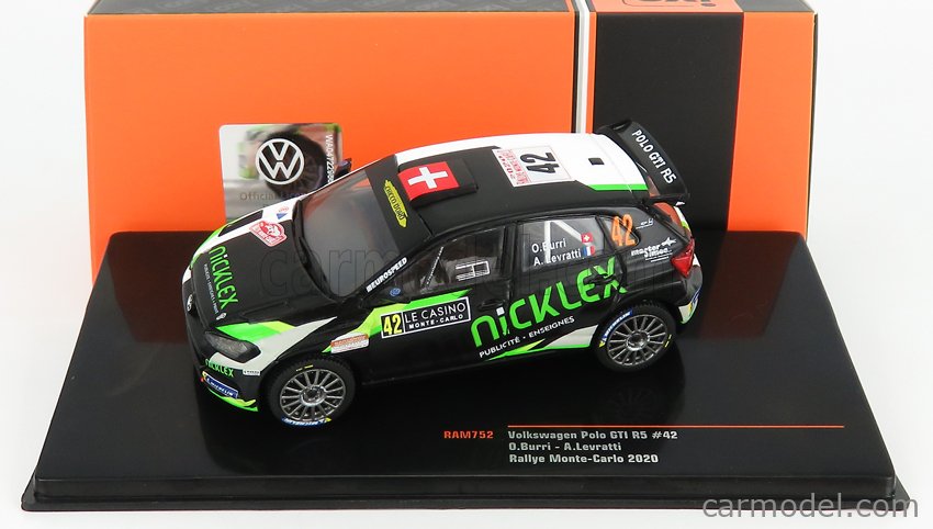 Volkswagen Polo Gti R5 Team N°42 Rally Montecarlo 2020 O.Burri - A.Levratti 1:43 IXO Models matná čierna zelená biela