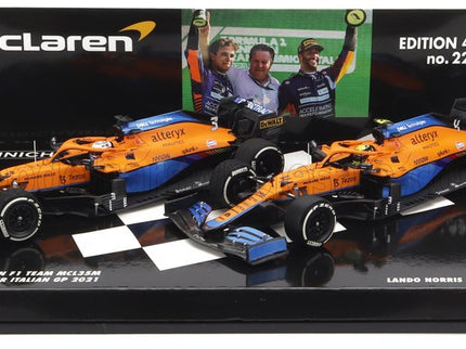 McLAREN | F1  SET 2X COFFRET MCL35L TEAM MCLAREN N 3 WINNER ITALY GP 2021 DANIEL RICCIARDO + N 4 2nd ITALY GP 2021 LANDO NORRIS | ORANGE LIGHT BLUE