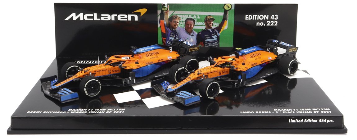 McLAREN | F1  SET 2X COFFRET MCL35L TEAM MCLAREN N 3 WINNER ITALY GP 2021 DANIEL RICCIARDO + N 4 2nd ITALY GP 2021 LANDO NORRIS | ORANGE LIGHT BLUE
