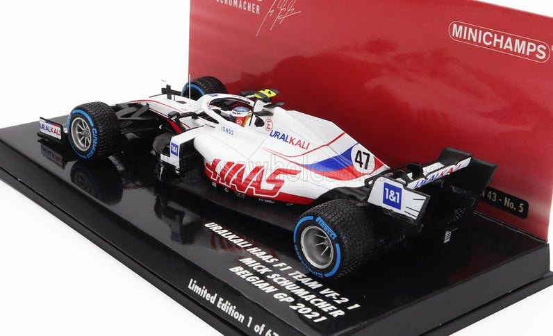 HAAS | F1  VF-21 065/6 TEAM URALKALI N 47 BELGIUM GP 2021 MICK SCHUMACHER | WHITE BLUE RED