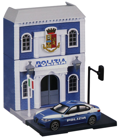 ACCESSORIES | DIORAMA - SET BUILD YOUR CITY POLICE STATION - CASERMA POLIZIA - WITH ALFA ROMEO GIULIA 2015 | LIGHT BLUE WHITE