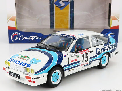 ALFA ROMEO Alfetta GTV6 N°15 Rally Des Garrigues 1986 C.Rigollet - M.Bathelot 1:18 Solido biela 2 Tone modrá