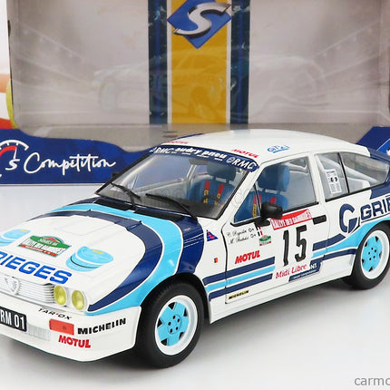 ALFA ROMEO Alfetta GTV6 N°15 Rally Des Garrigues 1986 C.Rigollet - M.Bathelot 1:18 Solido biela 2 Tone modrá
