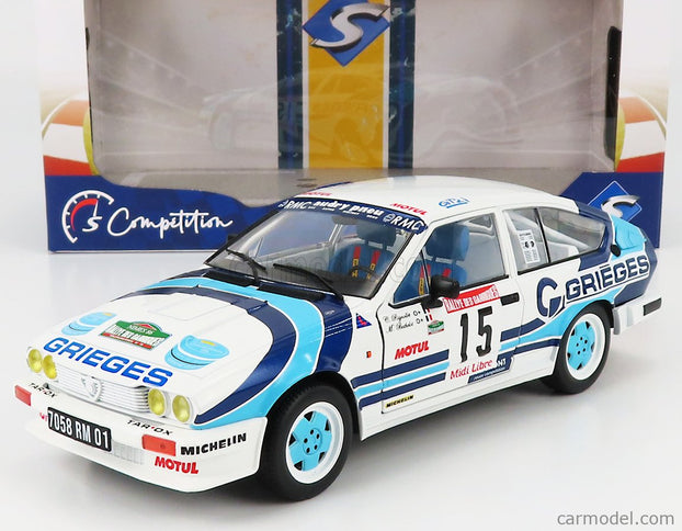 ALFA ROMEO Alfetta GTV6 N°15 Rally Des Garrigues 1986 C.Rigollet - M.Bathelot 1:18 Solido biela 2 Tone modrá