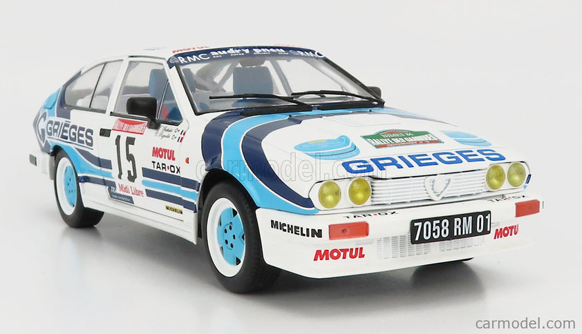 ALFA ROMEO Alfetta GTV6 N°15 Rally Des Garrigues 1986 C.Rigollet - M.Bathelot 1:18 Solido biela 2 Tone modrá