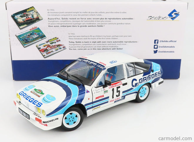 ALFA ROMEO Alfetta GTV6 N°15 Rally Des Garrigues 1986 C.Rigollet - M.Bathelot 1:18 Solido biela 2 Tone modrá