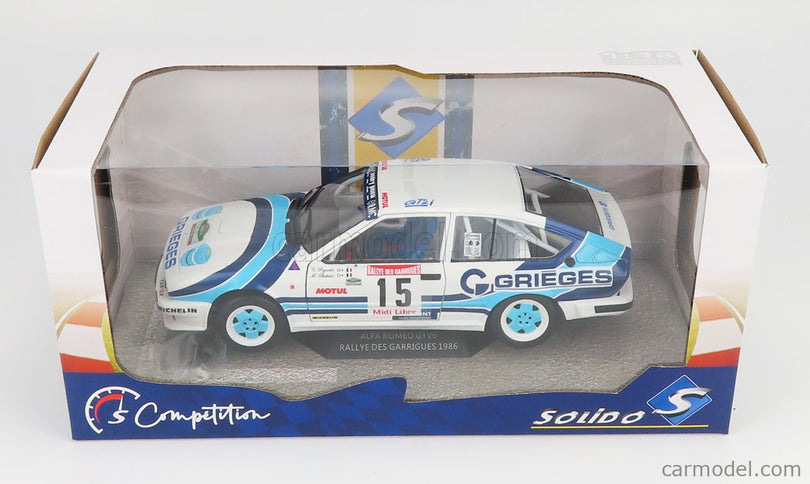 ALFA ROMEO Alfetta GTV6 N°15 Rally Des Garrigues 1986 C.Rigollet - M.Bathelot 1:18 Solido biela 2 Tone modrá