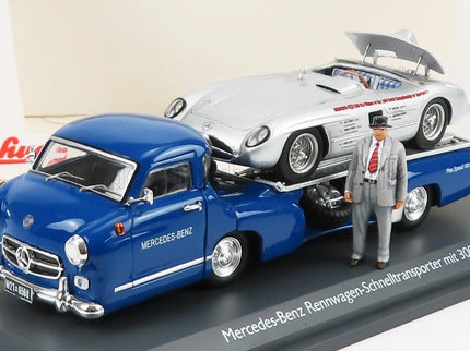 MERCEDES BENZ | RACING CAR TRANSPORTER TRUCK RENNWAGEN 1955 WITH 300 SLR SPIDER | BLUE SILVER