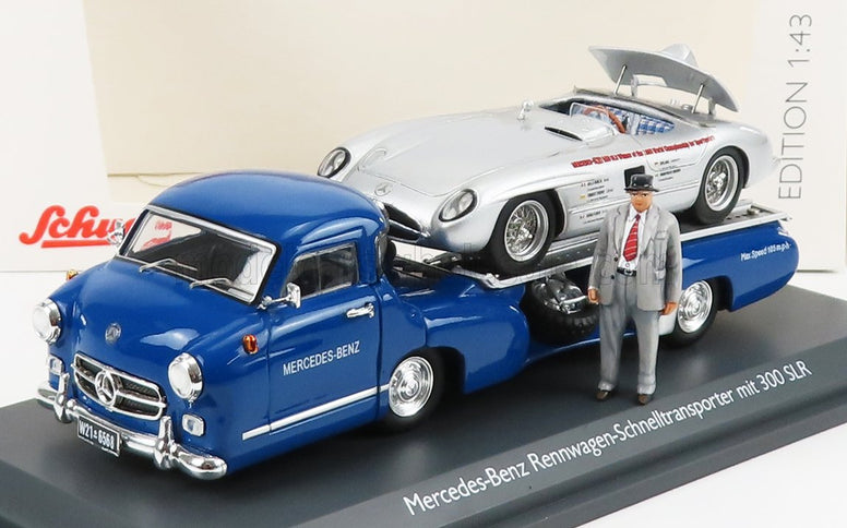MERCEDES BENZ | RACING CAR TRANSPORTER TRUCK RENNWAGEN 1955 WITH 300 SLR SPIDER | BLUE SILVER