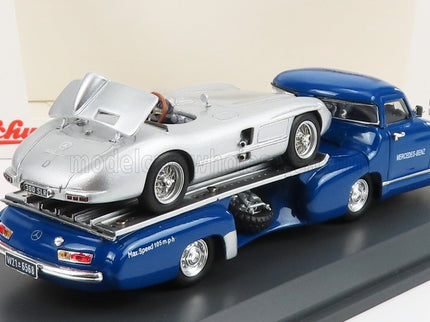 MERCEDES BENZ | RACING CAR TRANSPORTER TRUCK RENNWAGEN 1955 WITH 300 SLR SPIDER | BLUE SILVER