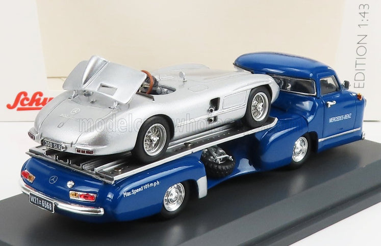 MERCEDES BENZ | RACING CAR TRANSPORTER TRUCK RENNWAGEN 1955 WITH 300 SLR SPIDER | BLUE SILVER