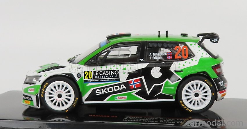 Skoda Fabia RALLY2 EVO N°20 Rally Montecarlo 2022 A.Mikkelsen - E.Torstein 1:43 IXO Models zelená biela čierna