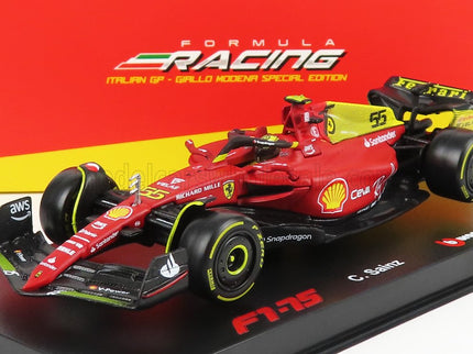 FERRARI | F1-75 SCUDERIA FERRARI N 55 4th MONZA GP ITALY 2022 CARLOS SAINZ - WITH HELMET AND PLASTIC SHOWCASE - EXCLUSIVE CARMODEL | RED YELLOW