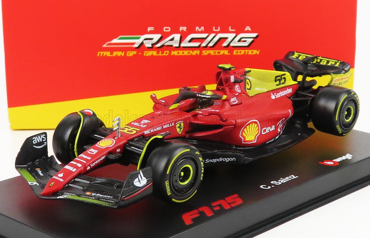 FERRARI | F1-75 SCUDERIA FERRARI N 55 4th MONZA GP ITALY 2022 CARLOS SAINZ - WITH HELMET AND PLASTIC SHOWCASE - EXCLUSIVE CARMODEL | RED YELLOW