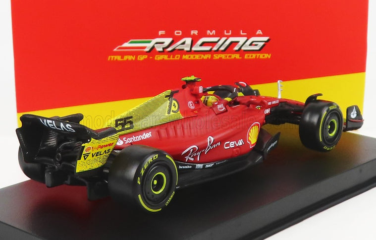FERRARI | F1-75 SCUDERIA FERRARI N 55 4th MONZA GP ITALY 2022 CARLOS SAINZ - WITH HELMET AND PLASTIC SHOWCASE - EXCLUSIVE CARMODEL | RED YELLOW