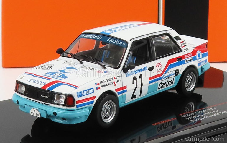 Skoda 130LR N°21 Rally Bohemia 1988 P.Sibera - P.Gross 1:43 IXO Models biela svetlomodrá červená