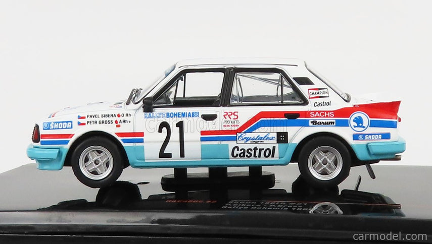 Skoda 130LR N°21 Rally Bohemia 1988 P.Sibera - P.Gross 1:43 IXO Models biela svetlomodrá červená