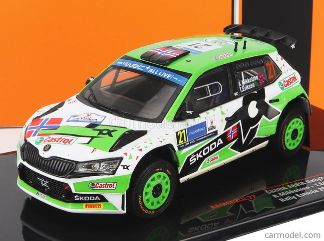 Skoda Fabia RALLY2 EVO N°21 Rally Estland 2022 A.Mikkelsen - T.Eriksen 1:43 IXO Models zelená biela čierna