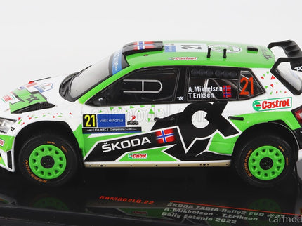 Skoda Fabia RALLY2 EVO N°21 Rally Estland 2022 A.Mikkelsen - T.Eriksen 1:43 IXO Models zelená biela čierna