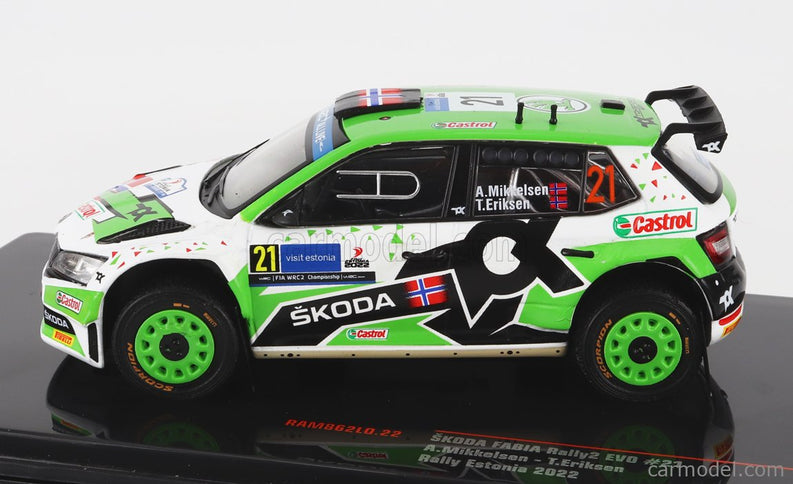 Skoda Fabia RALLY2 EVO N°21 Rally Estland 2022 A.Mikkelsen - T.Eriksen 1:43 IXO Models zelená biela čierna