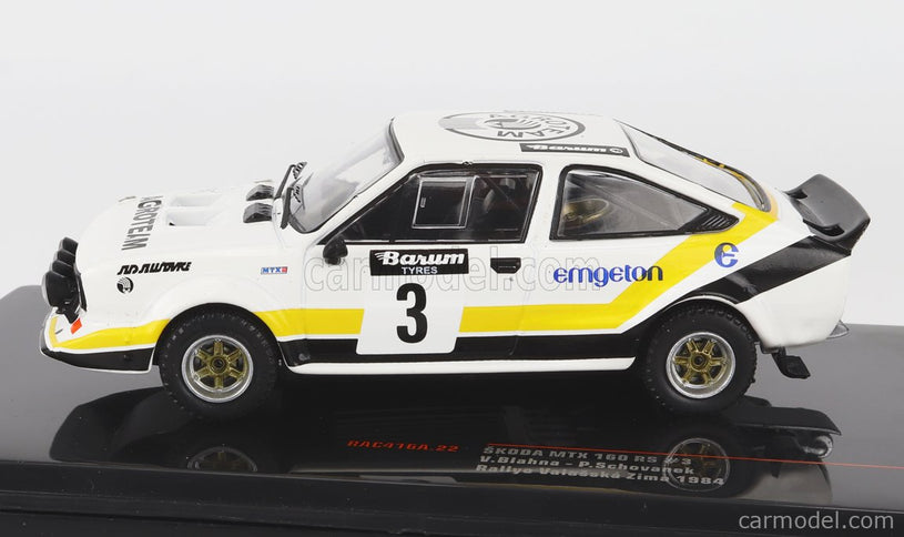 Skoda 160RS Mtx (night Version) N°3 Rally Valasskaa Zima 1984 V.Blahna - P.Scovanek 1:43 IXO Models biela čierna žltá