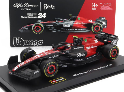 ALFA ROMEO | F1  C43 TEAM STAKE N 24 SEASON 2023 GUANYU ZHOU - CON PILOTA E VETRINA - WITH PILOT AND SHOWCASE - EXCLUSIVE CARMODEL | BLACK RED