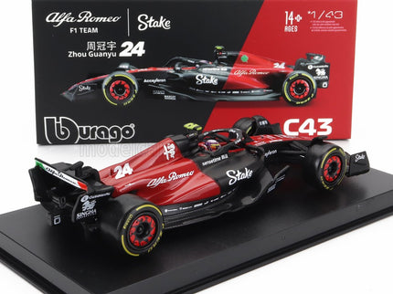 ALFA ROMEO | F1  C43 TEAM STAKE N 24 SEASON 2023 GUANYU ZHOU - CON PILOTA E VETRINA - WITH PILOT AND SHOWCASE - EXCLUSIVE CARMODEL | BLACK RED