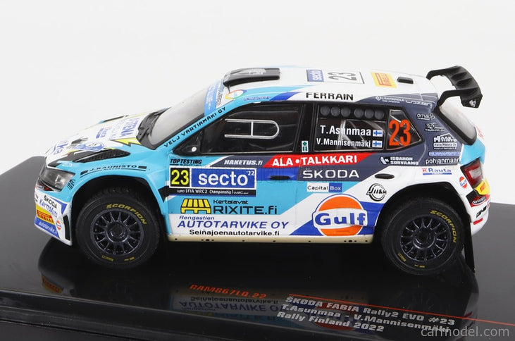 Skoda Fabia RALLY2 EVO N°23 Rally Finland 2022 T.Asunmaa - V.Mannisenmaki 1:43 IXO Models svetlomodrá biela