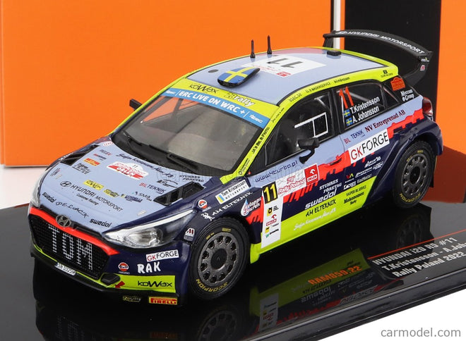 Hyundai i20 R5 N°11 Rally Polen 2022 T.Kristensson - A.Johansson 1:43 IXO Models svetlomodrá žltá červená čierna