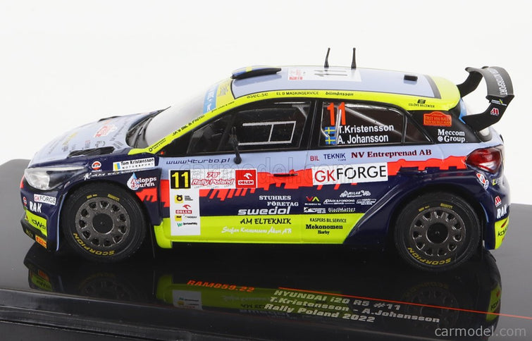 Hyundai i20 R5 N°11 Rally Polen 2022 T.Kristensson - A.Johansson 1:43 IXO Models svetlomodrá žltá červená čierna
