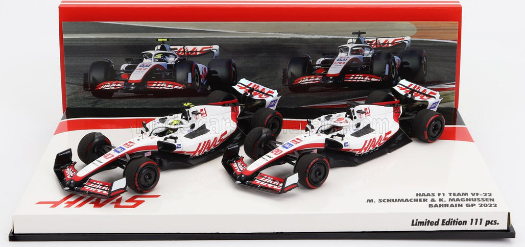 HAAS | F1  SET 2X VF-22 TEAM HAAS N 20 5th BAHRAIN GP 2022 KEVIN MAGNUSSEN + N 47 BAHRAIN GP 2022 MICK SCHUMACHER | WHITE BLACK RED