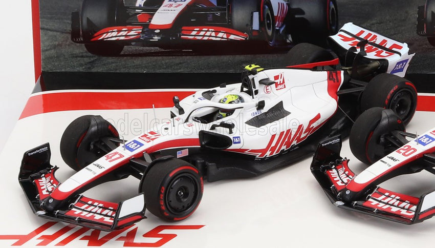 HAAS | F1  SET 2X VF-22 TEAM HAAS N 20 5th BAHRAIN GP 2022 KEVIN MAGNUSSEN + N 47 BAHRAIN GP 2022 MICK SCHUMACHER | WHITE BLACK RED