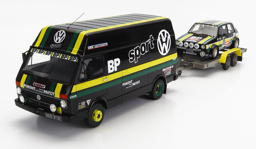 VOLKSWAGEN | RALLY SET - VOLKSWAGEN LT35 VAN + TRAILER + GOLF GTi MKI Gr.2 TEAM BP RACING VOLKSWAGEN SPORT N 10 RALLY TOUR DE FRANCE AUTOMOBILE 1981 J.PANCIATICI - P.THINNES | BLACK YELLOW GREEN