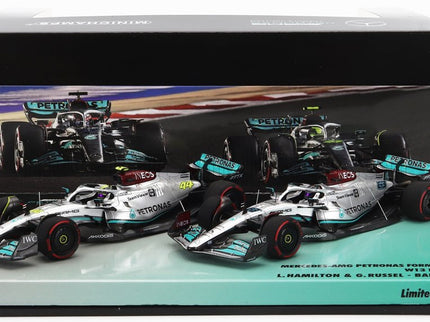 MERCEDES GP | F1  SET 2X W13E TEAM MERCEDES-AMG PETRONAS F1 N 44 3rd BAHRAIN GP 2022 LEWIS HAMILTON + N 63 4th BAHRAIN GP 2022 GEORGE RUSSELL | SILVER GREEN