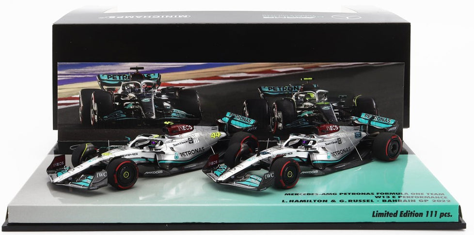 MERCEDES GP | F1  SET 2X W13E TEAM MERCEDES-AMG PETRONAS F1 N 44 3rd BAHRAIN GP 2022 LEWIS HAMILTON + N 63 4th BAHRAIN GP 2022 GEORGE RUSSELL | SILVER GREEN