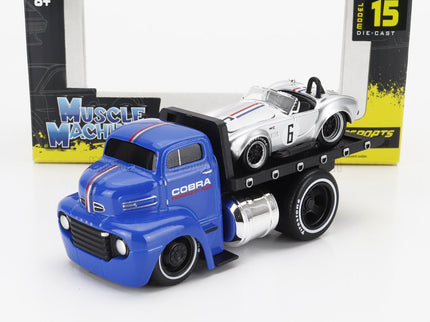 FORD USA | COE FLATBED TRUCK CAR TRANSPORTER 1965 WITH SHELBY COBRA N 6 CUSTOM 1964 | BLUE SILVER