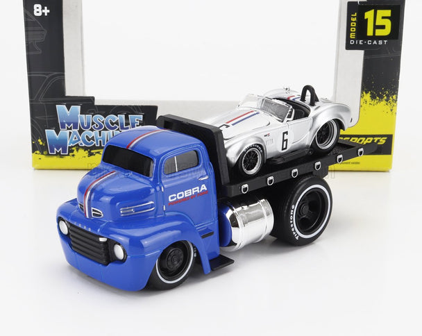 FORD USA | COE FLATBED TRUCK CAR TRANSPORTER 1965 WITH SHELBY COBRA N 6 CUSTOM 1964 | BLUE SILVER