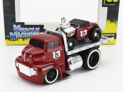 FORD USA | COE FLATBED TRUCK CAR TRANSPORTER 1965 WITH ROADSTER N 13 CUSTOM 1932 | RED MET