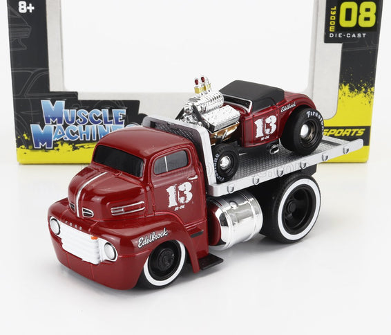 FORD USA | COE FLATBED TRUCK CAR TRANSPORTER 1965 WITH ROADSTER N 13 CUSTOM 1932 | RED MET