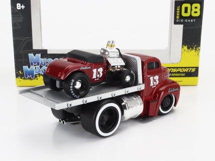 FORD USA | COE FLATBED TRUCK CAR TRANSPORTER 1965 WITH ROADSTER N 13 CUSTOM 1932 | RED MET