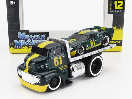 FORD USA | COE FLATBED TRUCK CAR TRANSPORTER 1965 WITH GT40 N 61 CUSTOM 1966 | GREEN MET YELLOW