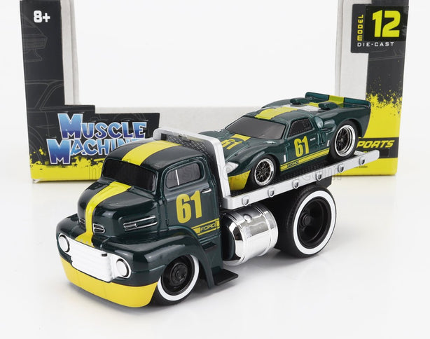 FORD USA | COE FLATBED TRUCK CAR TRANSPORTER 1965 WITH GT40 N 61 CUSTOM 1966 | GREEN MET YELLOW